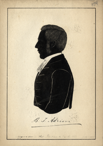 103845 Portret van B. J. Adriani, geboren 1823, hervormd predikant te Utrecht (1856-1859). Borstbeeld links, in ...